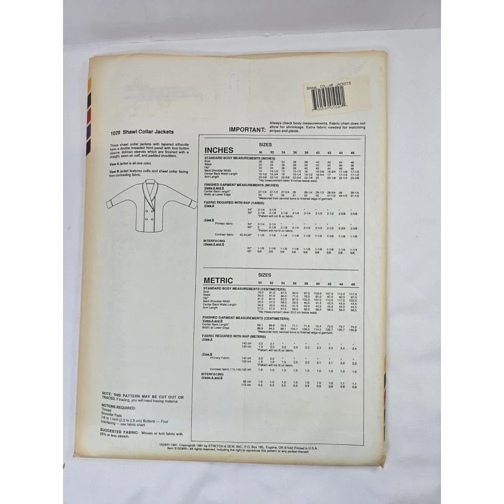 Vintage 1990s Stretch & Sew Ann Person Sewing Pattern 1029 - Shawl Collar Jacket
